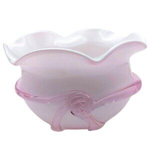 Handblown Cased Glass Pink Ruffled Candy Trinket Bowl w/ Applied Pink Glass Bow